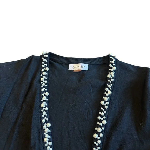 Calvin Klein Open Front Black Cardigan Sweater Cropped Length Bead Trim Medium - Picture 2 of 8